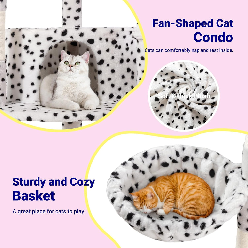 Allewie 73in Fan-Shaped Space-Saving Corner Cat Tower/Multi-Level Tall Cat Tree for Indoor Kitties/Cozy Baskets/Condos/House/Perches/Sisal Scratching Posts/Pet Activity Center/White & Black Spot