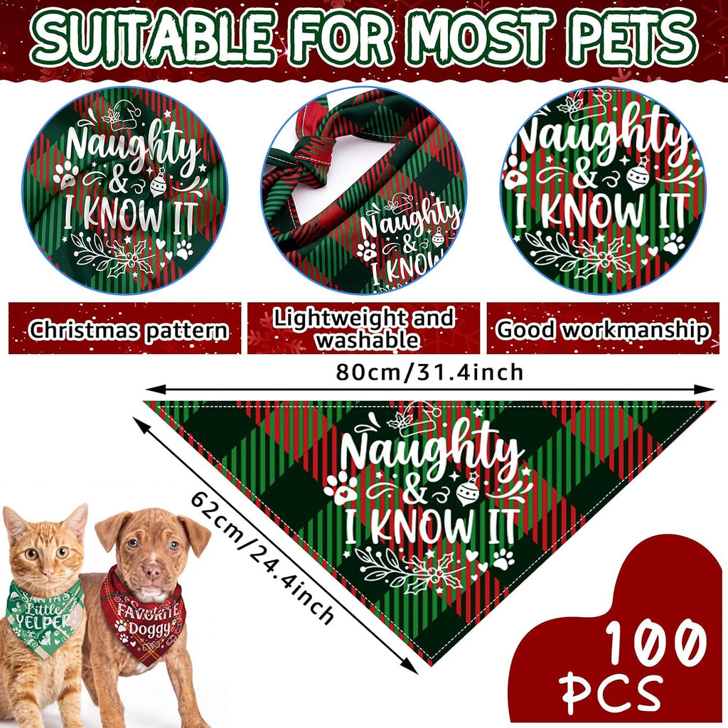 Huhumy 100 Pcs Christmas Plaid Dog Bandanas Bulk Plaid Bandanas for Dogs