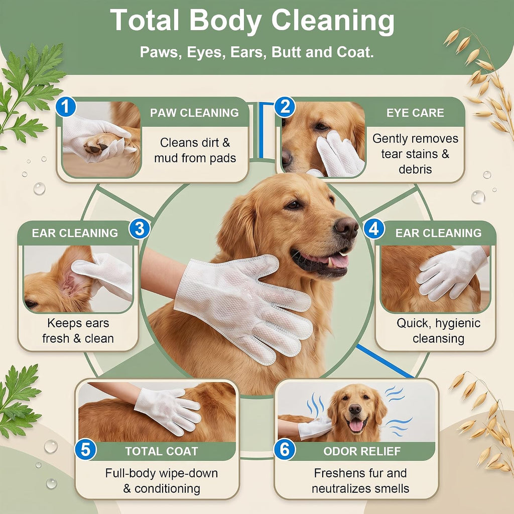 Dog & Cat Pet Cleaning Gloves – No-Rinse Disposable Wipes, Hypoallergenic