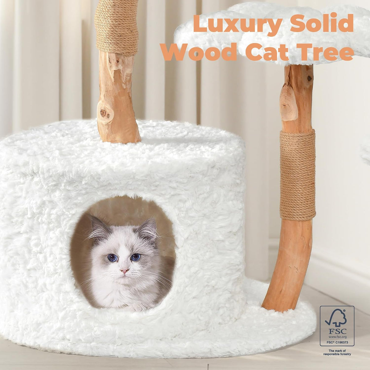 Easyego Modern Cat Tree, 39.9" Aesthetic Wood Cat Tree Tower for Large Cats, Luxury Cat Condo with Scratching Posts and Flower Platforms, Cat Furniture, White