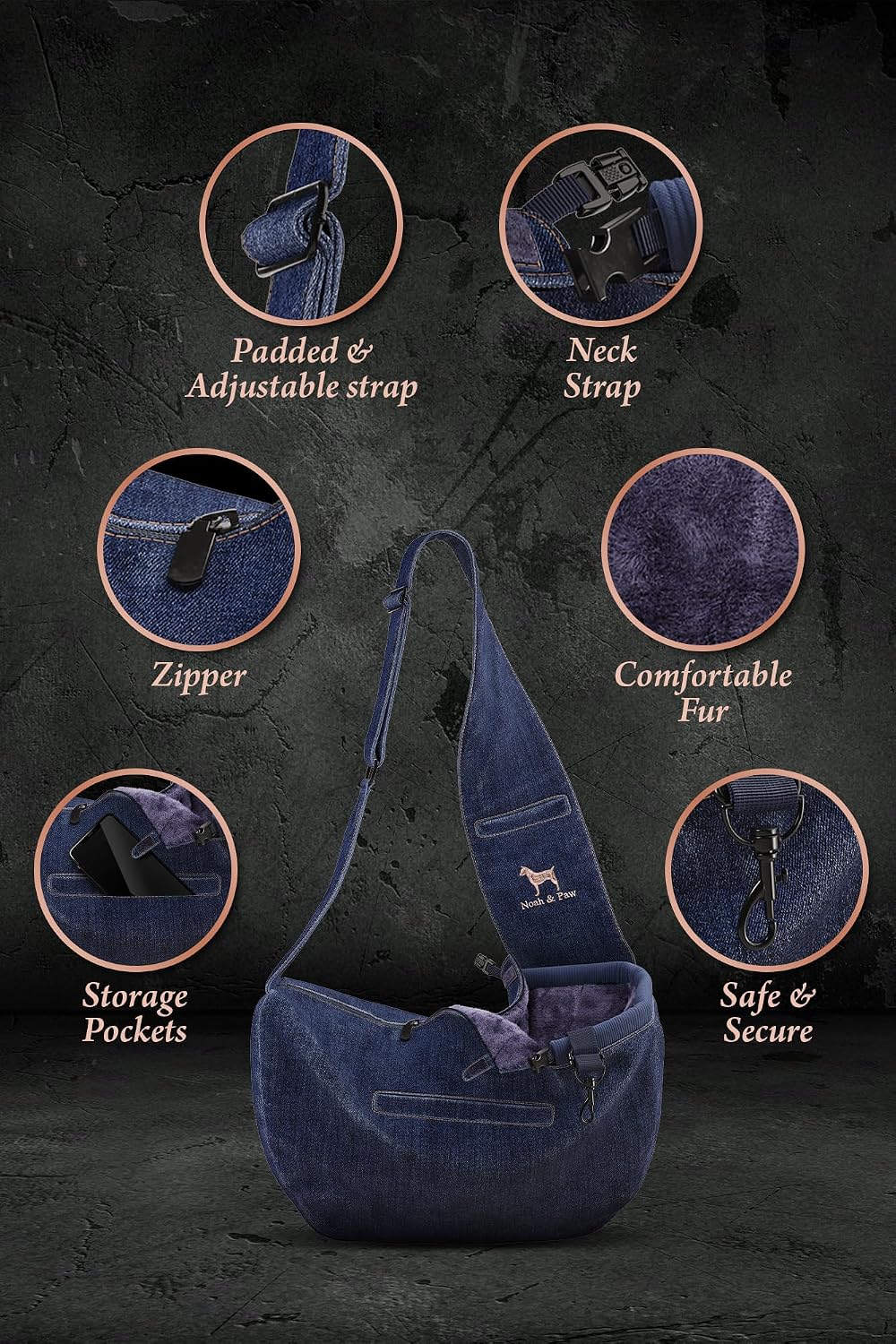 Noah & Paw Dog Sling Carrier for Small Dogs 3-10lb, Dog Sling for Small Dogs and Cats, Dog Carrier with Adjustable Padded Strap, Vegan Denim Lined with Fur, 3X Safety Features, Machine Washable