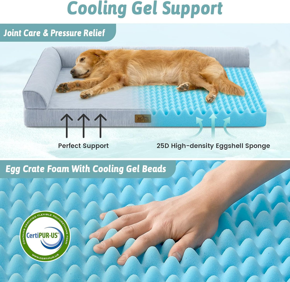 COZY KISS Cooling Dog Bed, Q-Max >0.4 Orthopedic Foam Dog Bed with Sides