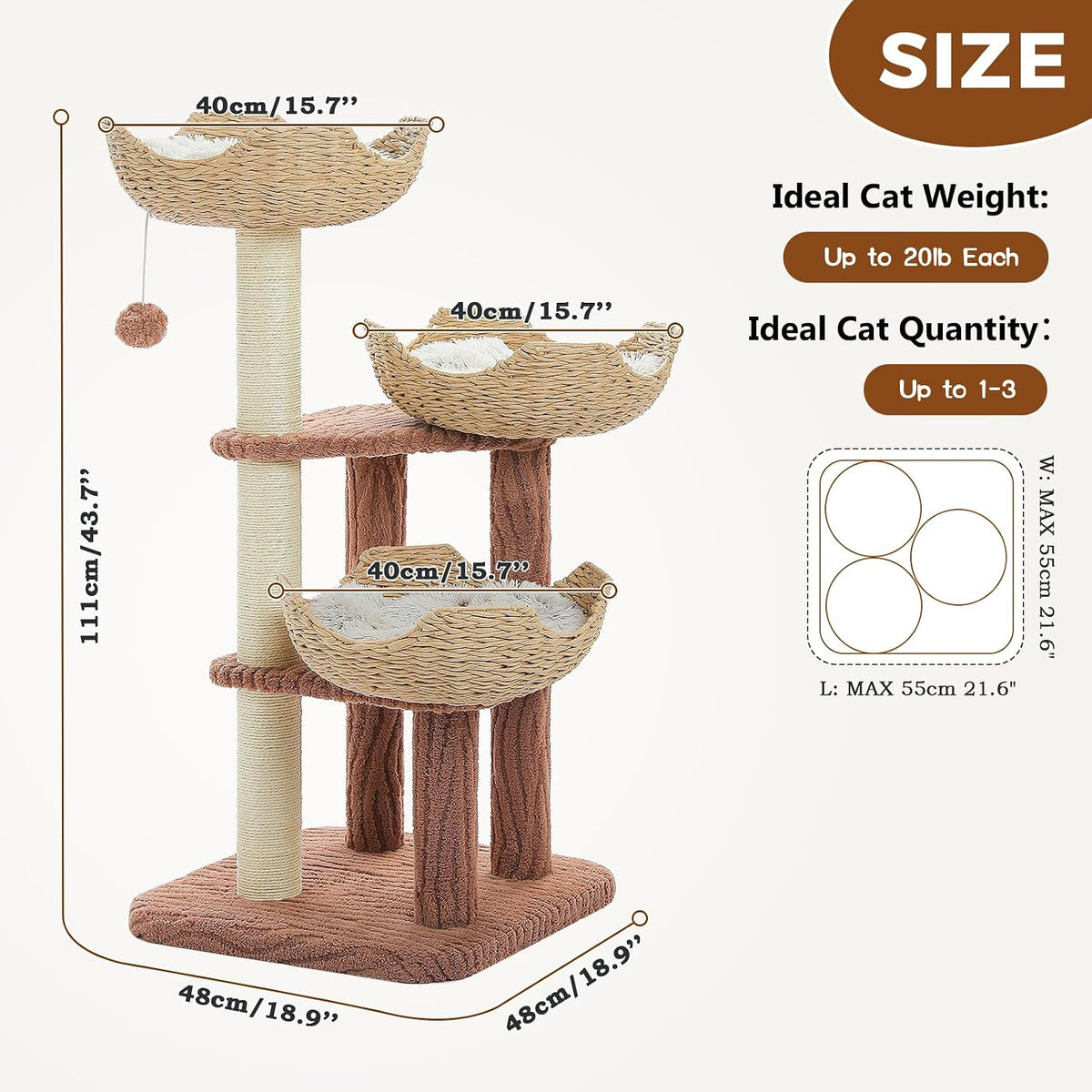 PAWZ Road Modern Cat Tree with Baskets, 44" Cat Tower for Indoor Cats,Brown