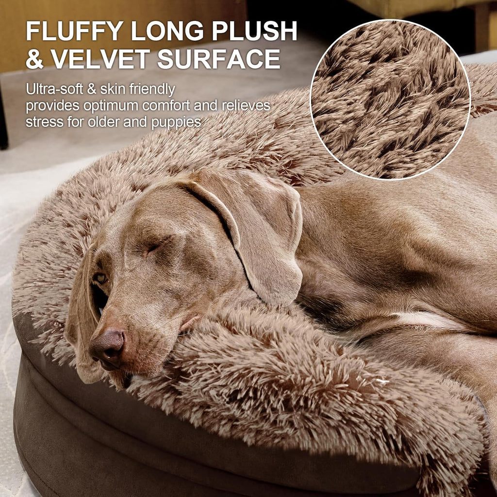 iweepet Fluffy Calming Jumbo Orthopedic Dog Beds for Extra Large Dogs, Supportive Dog Sofa Bed with 3.7 inch 28D Egg-Crate Foam, Removable Washable Plush Cover, Waterproof Lining, 48’’,Brown