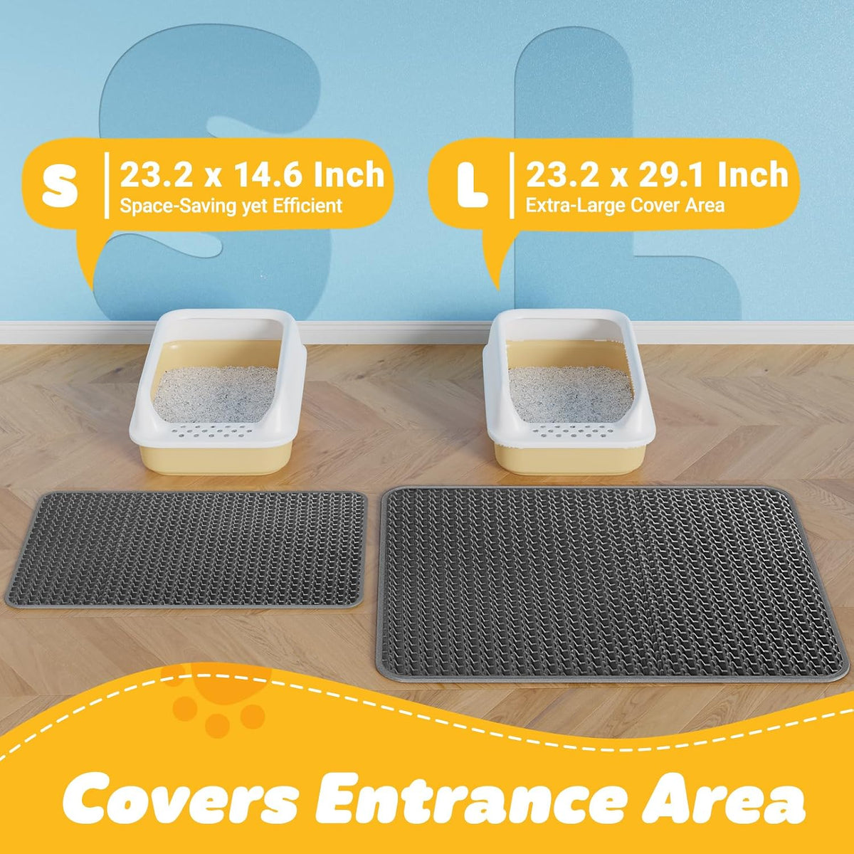 Powools Cat Litter Mat, 23.2 x 14.6 in, Waterproof, Non-Slip, Dark Gray | Litter Trapping Mat, Easy to Clean, Litter Box Mat, Urine-Proof, Cat Toilet Training Systems Accessories, Indoor Cats