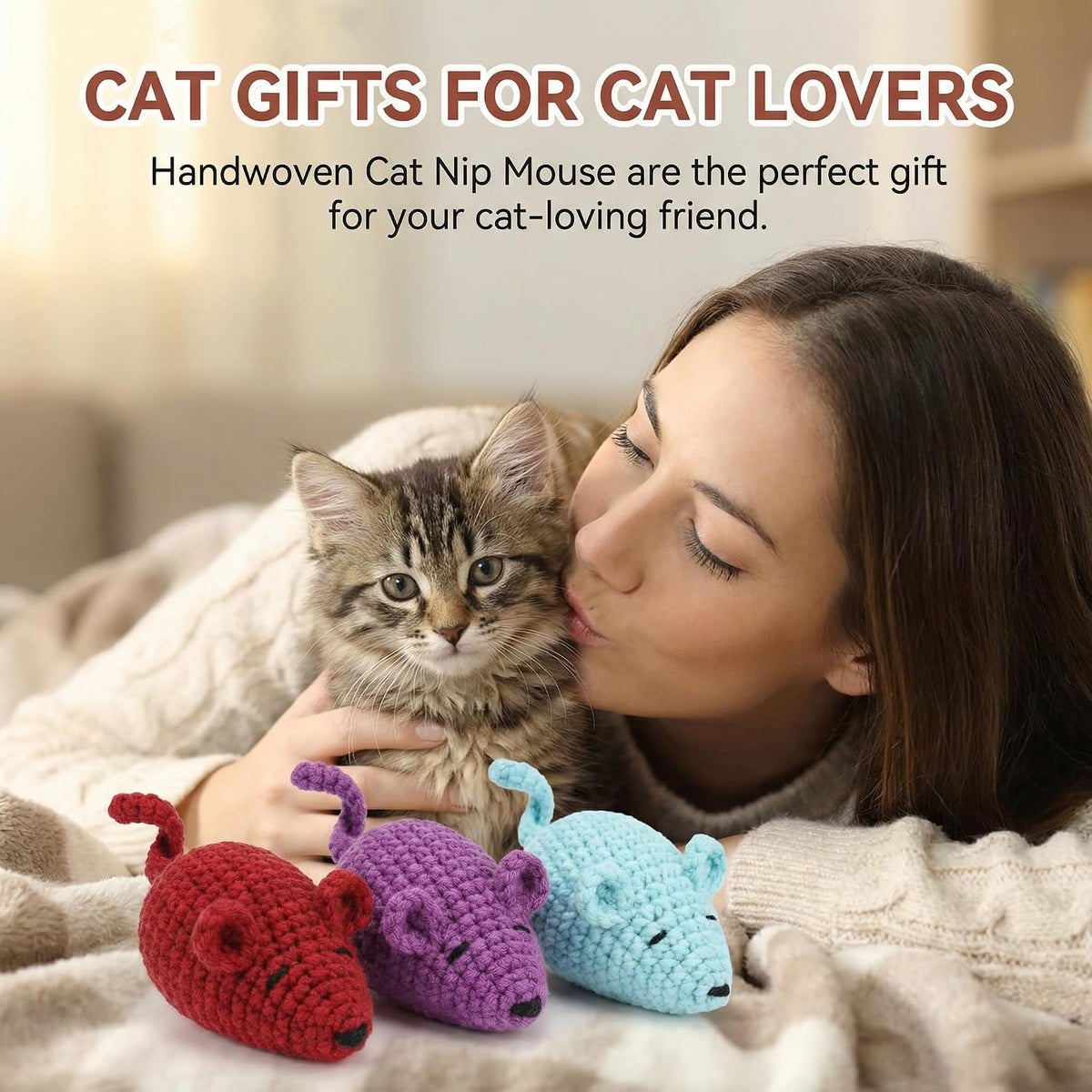 Catnip Toys Crochet Mice Cat Toys, 3 Pcs Handmade Durable Yarn Mice Toys with Natural Catnip & Silvervine, Interactive Kitten Chew Kicker Toy for Teeth Cleaning & Anxiety Relief