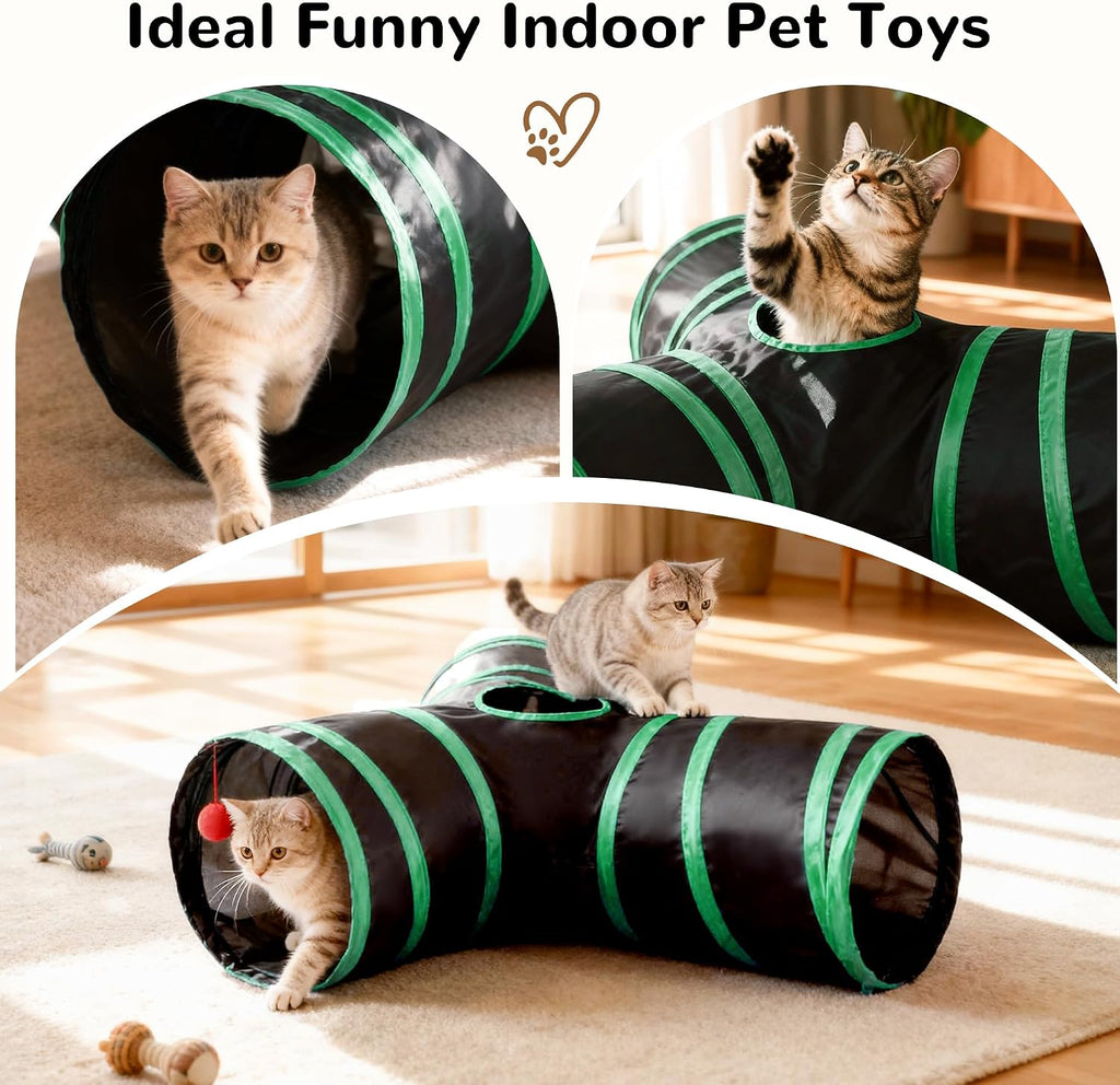 Tempcore Cat Tunnel, 3-Way Collapsible Toy for Indoor Cats, Black & Green | 3-Way Cat Tunnel with Peek Holes, Hanging Ball and Teaser Wand, Collapsible Design for Play, Hiding, Chasing and Exercise
