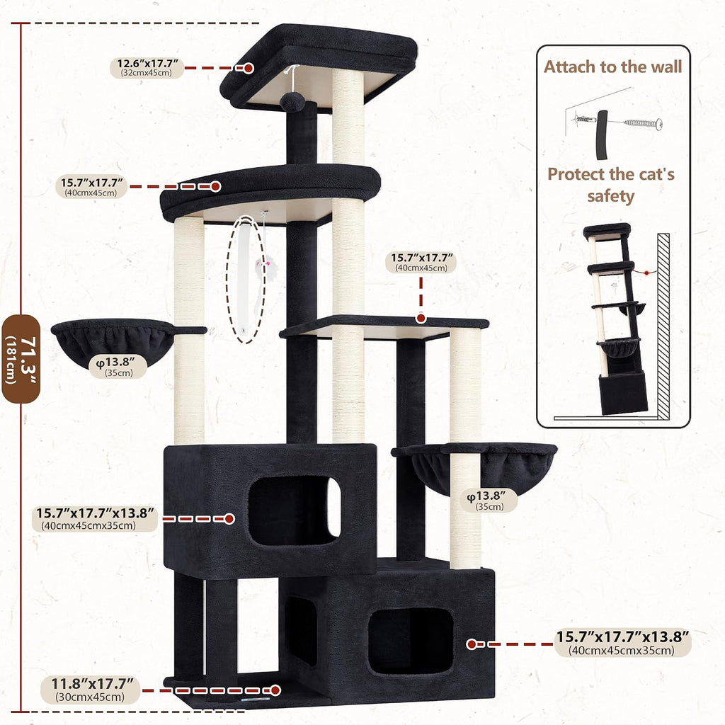 Gitelsnour 71'' Heavy Duty Cat Tree Tower with 2 Large Cat Condo, GCT801G