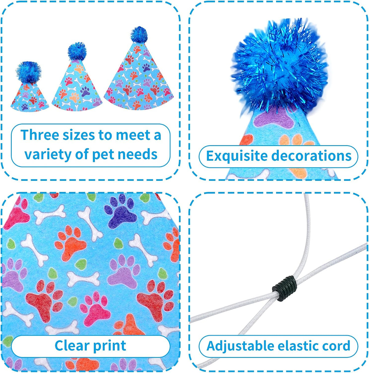 6PCS Dog Birthday Party Hats Felt for Small Medium Dogs Paw Bone