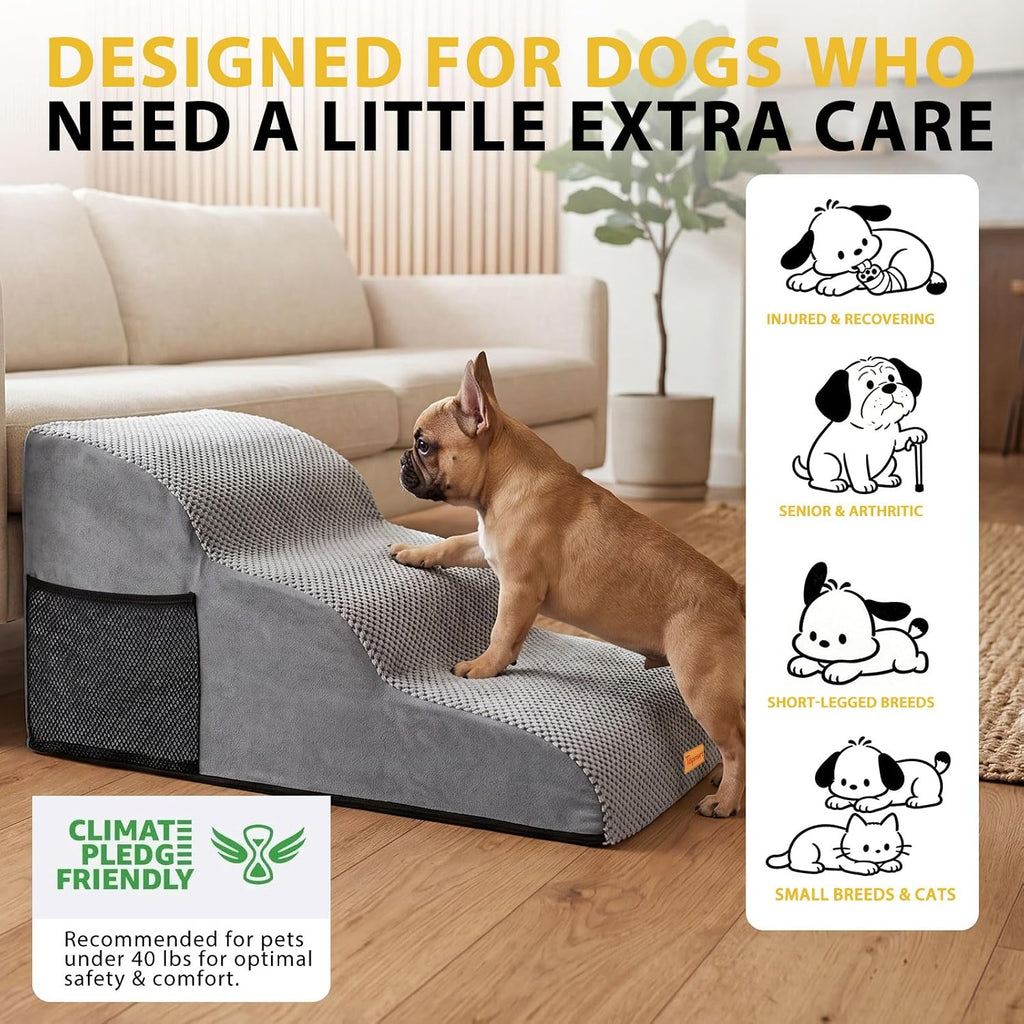 Dog Stairs for Small Dogs, Extended 3-Step Foam Pet Ramp for Bed Couch