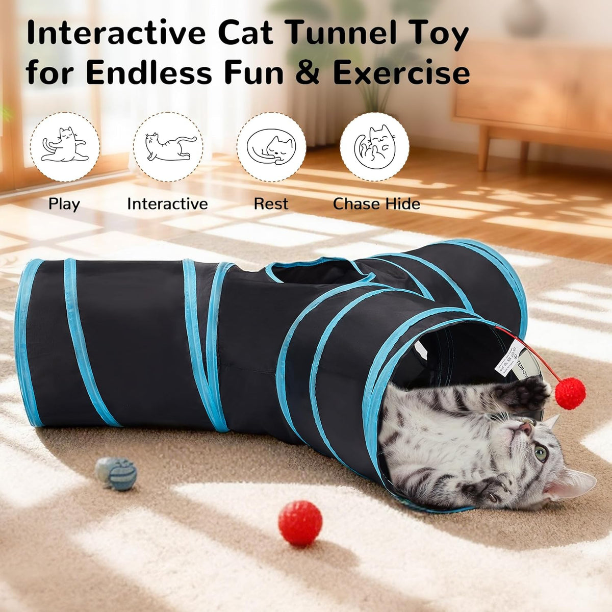 Tempcore Cat Tunnel, 3-Way Collapsible Toy for Indoor Cats, Black & Blue | 3-Way Cat Tunnel with Peek Holes, Hanging Ball and Teaser Wand, Collapsible Design for Play, Hiding, Chasing and Exercise