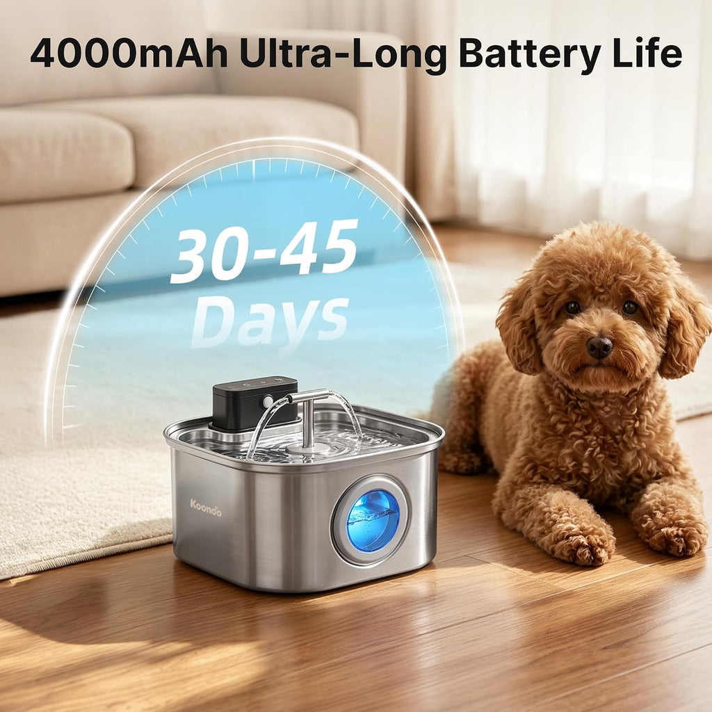 Wireless Cat Water Fountain Stainless Steel 3.2L, Battery Operated Pet Water Dispenser with Motion Sensor & Dual Stream Spout, Ultra Quiet Cordless Automatic Drinking Fountain for Cats Dogs Indoor,