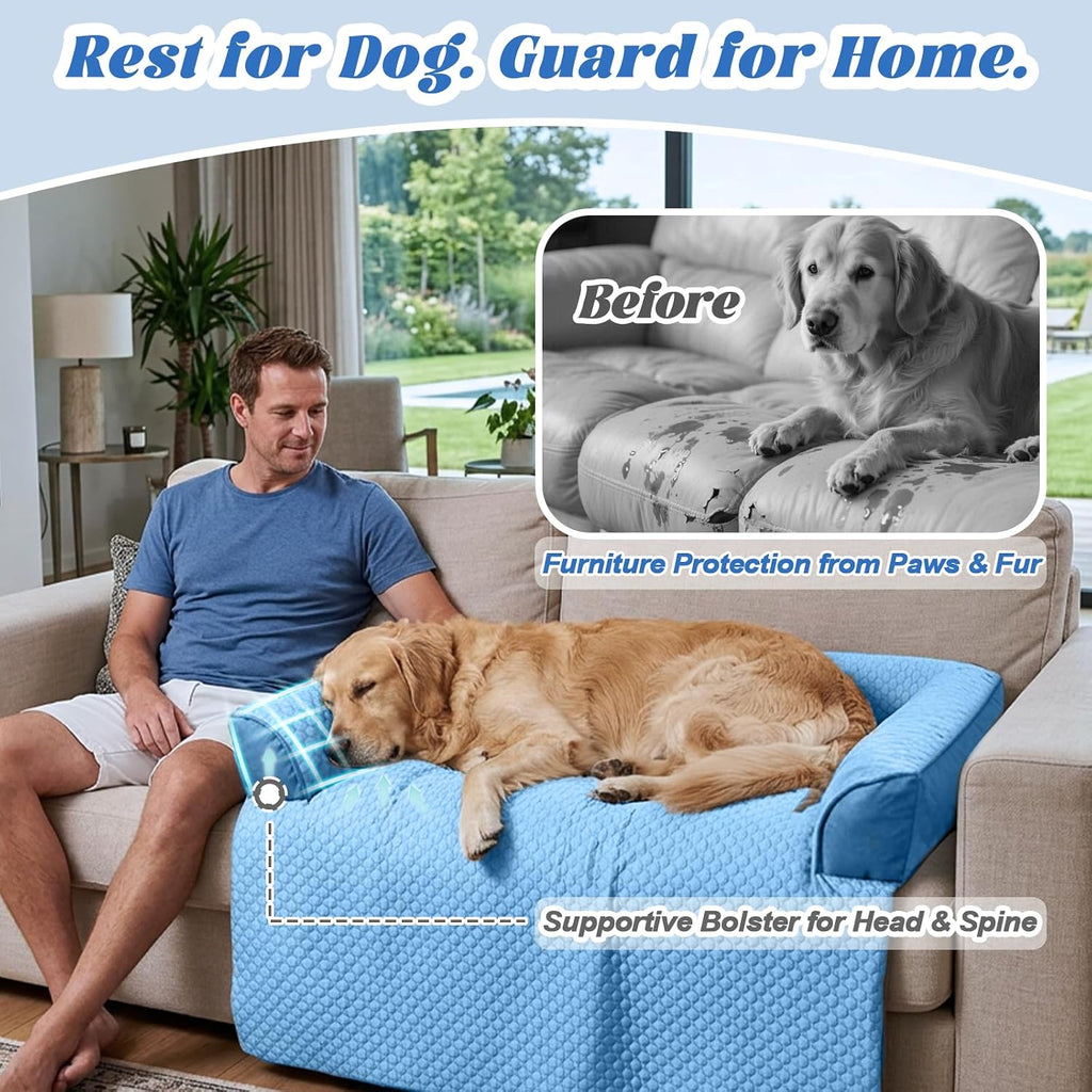 GGIB Dog Bed Mat with Bolster Pillow Washable Dog Couch Cover Breathable Pet Couch Bed Protector Indoor(Medium, Cooling Blue)