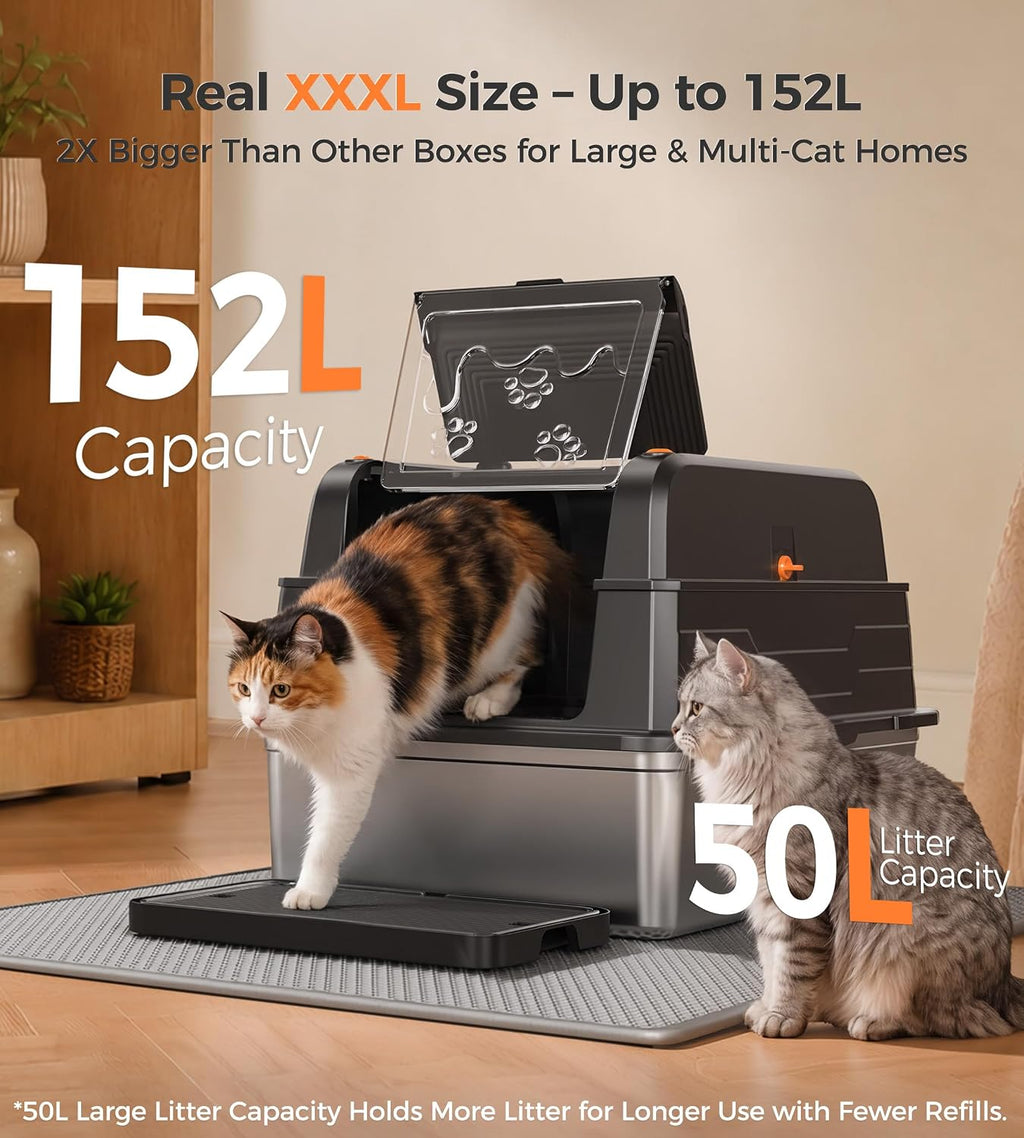 Catlike Upgrade XXXL Stainless Steel Cat Litter Box 3-Layer Leak-Proof | Oversized Real 152L Capacity Enclosed Design w/ Charcoal Filter for Maine Coon & Multi-Cat Homes, with Metal Scoop & XL Mat