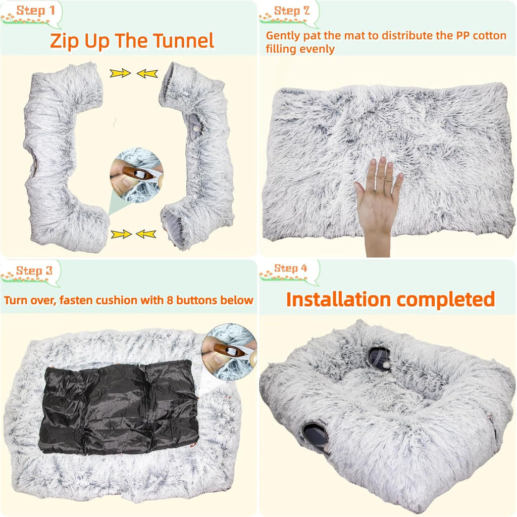 XxingSheep 4 Cave Shuttled XL Cat Tunnel Bed for Indoor Cats Peekaboo Toy Donut with Warm Mat, Azure Blue