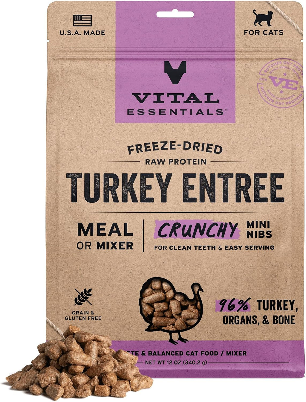 Vital Essentials Freeze Dried Cat Food, Turkey Crunchy Mini Nibs, 12 oz Bag