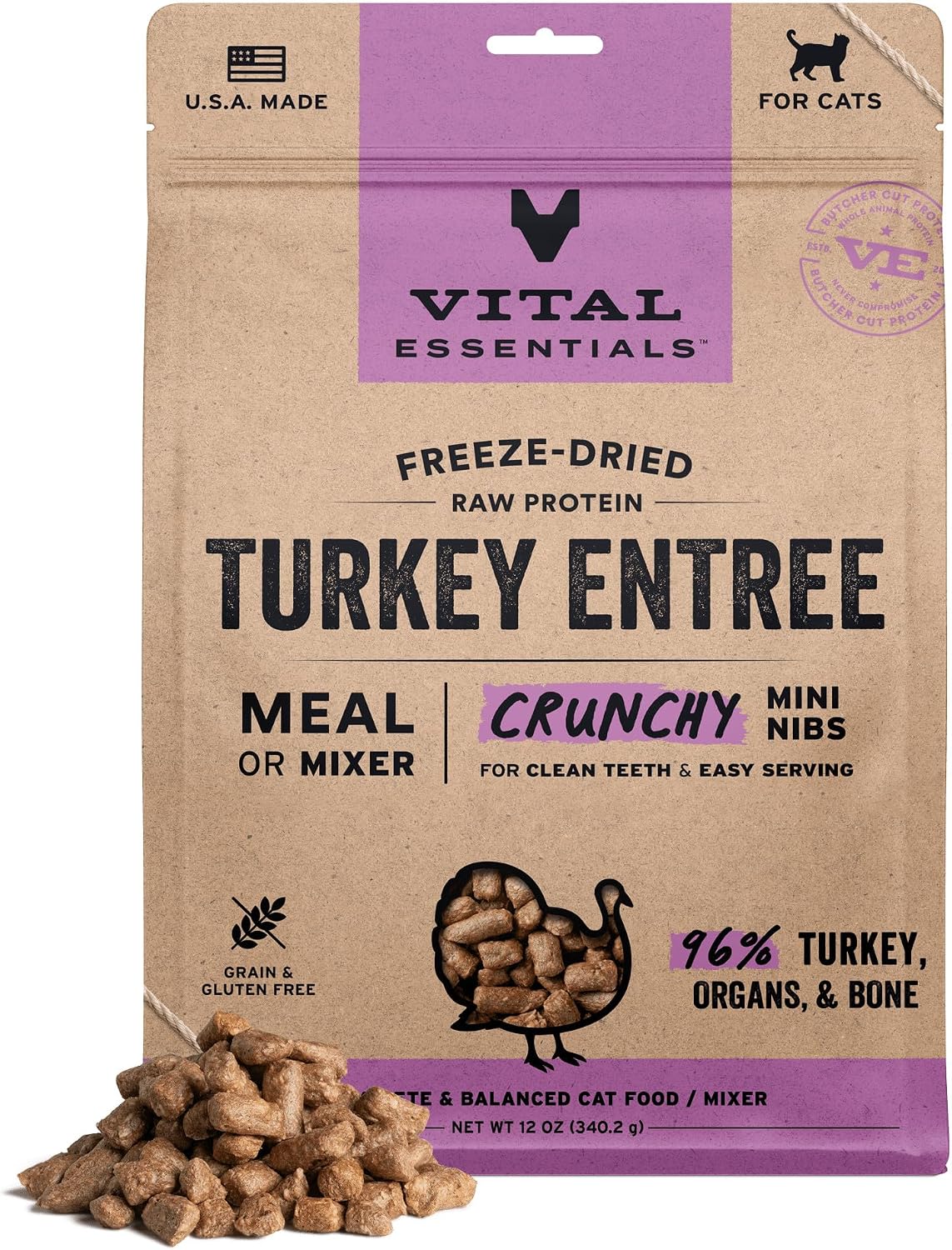 Vital Essentials Freeze Dried Cat Food, Turkey Crunchy Mini Nibs, 12 oz Bag