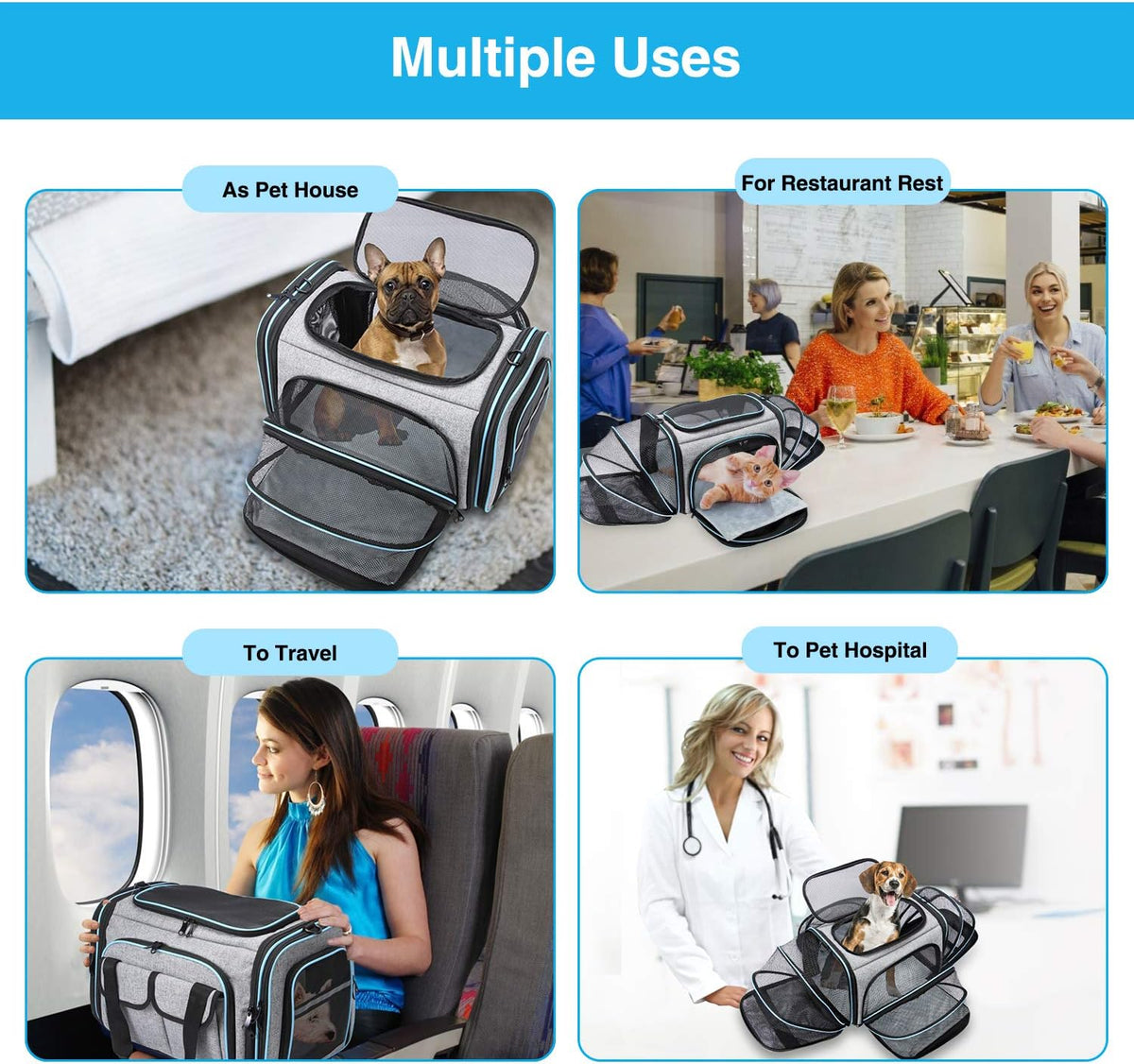 Airline Approved Pet Carrier, Large Soft Sided Pet Travel TSA Carrier 4 Sides Expandable Cat Collapsible Carriers with Removable Fleece Pad and Pockets for Cats Dogs and Small Animals