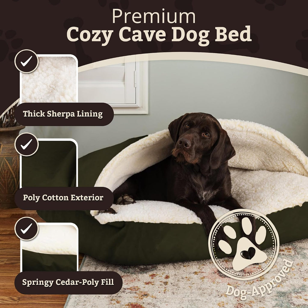 Snoozer Rectangle Cozy Cave Dog Bed, Hooded Dog Bed, Olive (L)