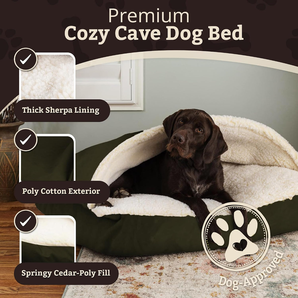 Snoozer Rectangle Cozy Cave Dog Bed, Hooded Dog Bed, Olive (L)