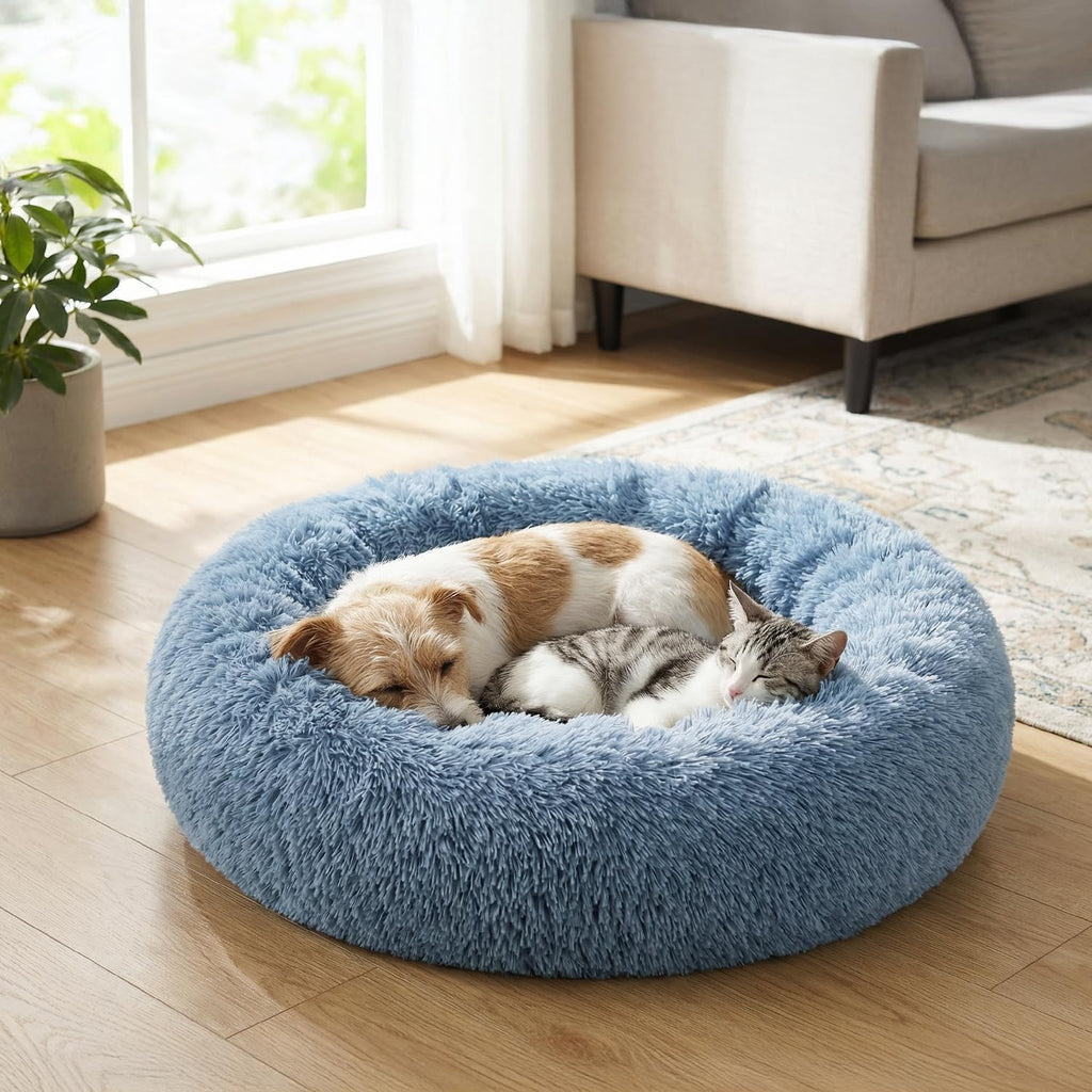 PetAmi Calming Donut Dog Bed, Washable Faux Fur, 30 Inch Medium, Blue