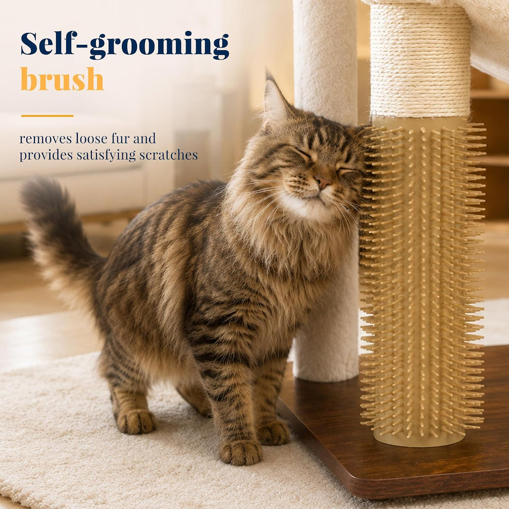 Hey-brother Wooden Cat Tree Tower with Rattan Condo, Large Platform, 2 Cozy Hammocks, Basket, Self-Grooming Brush, 9 Full Sisal Scratching Posts for Indoor Adult Cats, 73 Inches, Rustic Brown MPJ122SR