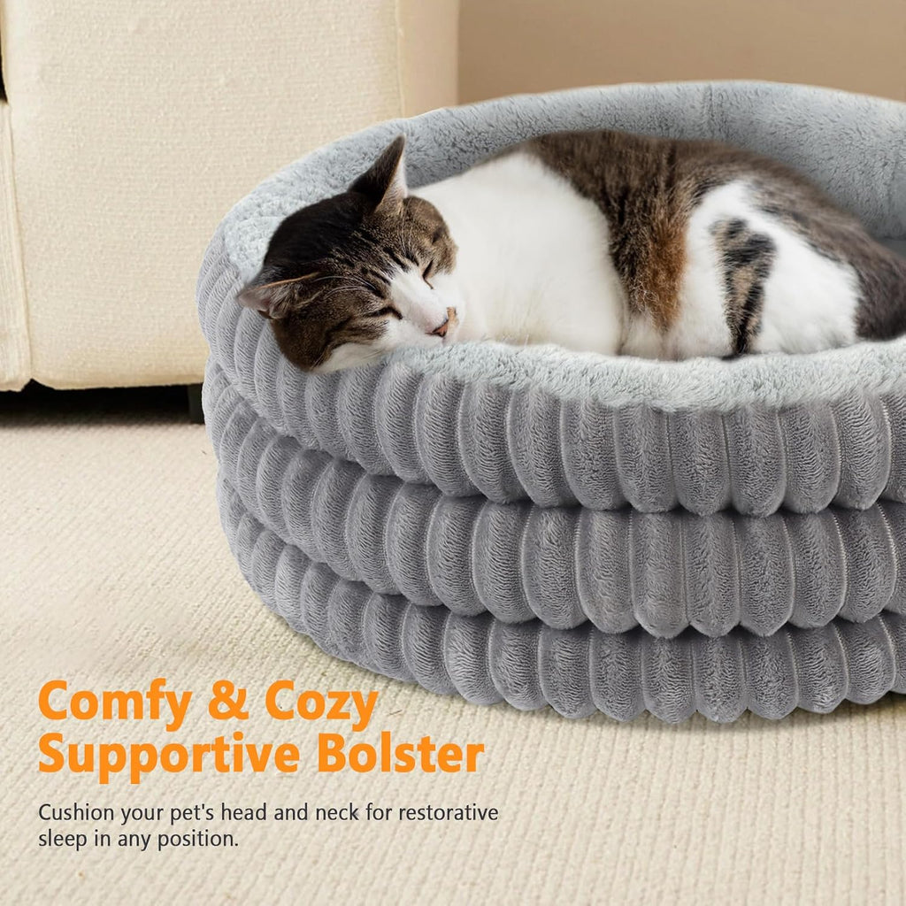 Cat Bed, 20’’ Round Donut Fluffy Cat Beds for Indoor Cats and Small Dogs, Washable Deep Sleep Calming Pet Bed Kitten Bed