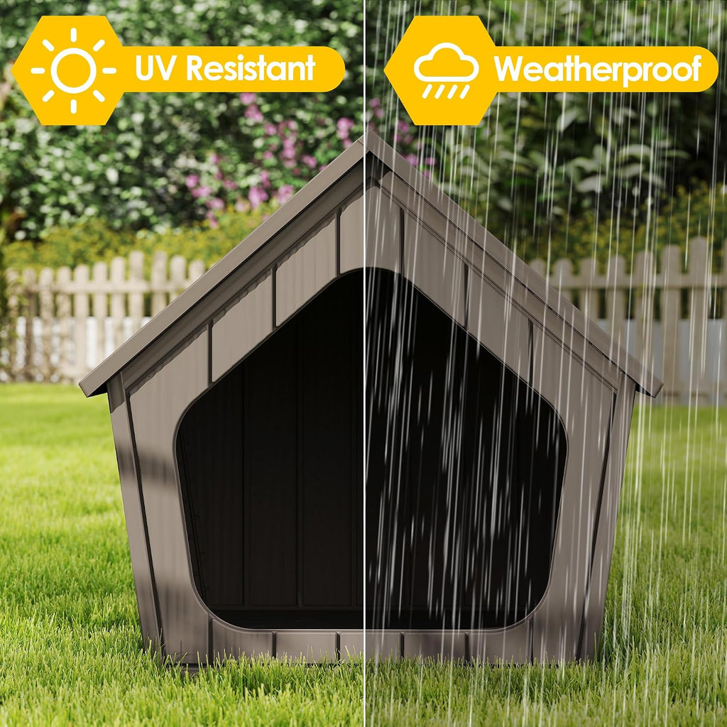 Fancyango Small Dog House Outdoor Indoor, Durable Plastic Waterproof Doghouse with Air Vents and Elevated Floor, Easy Clean and Assemble (Grey, 23.5" L×22.5" W×22.2" H)