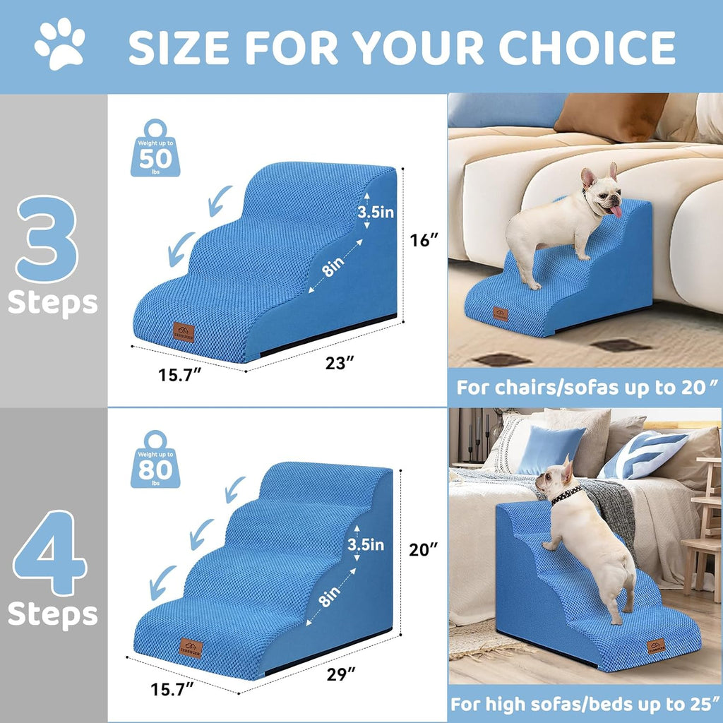 Zerbuger Dog Ramp and Stairs for Bed, Blue 3 Steps 16" H, Nonslip Cover