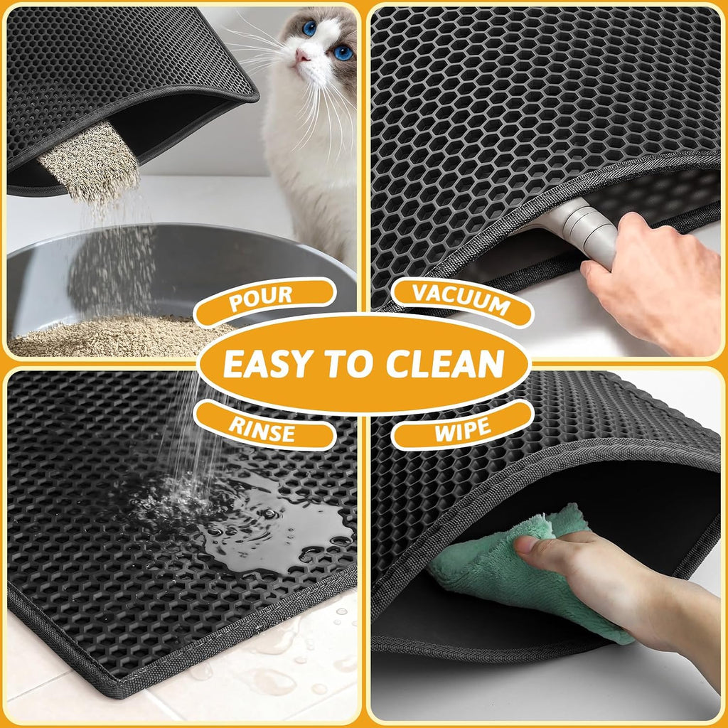 Pieviev Litter Box Mat, Double-Layer Waterproof Design, 47" x 36" Black | Honeycomb Litter Trapping Mat Captures Scattered Particles to Stop Tracking, Waterproof Base Protects Floors, Easy to Clean