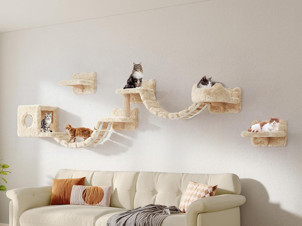 Cat Wall Furniture, 9 in 1 Cat Wall Shelves Set with Bridge, Beige