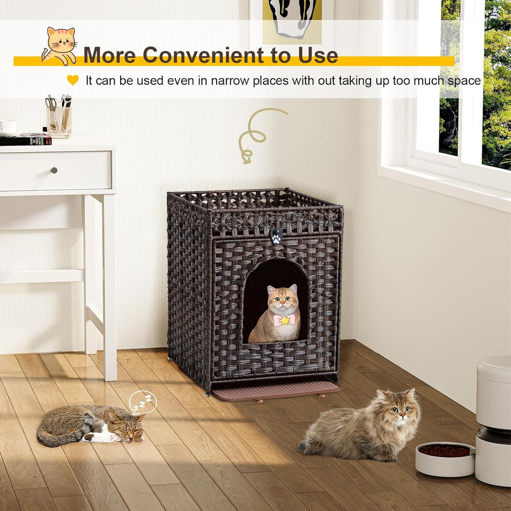 Snughome Cat Litter Box Enclosure Furniture Hidden with Litter Mat, Hidden Cat Washroom Furniture with Door, Handwoven Rattan Cat Washroom Box, Indoor Pet House for Living Room, Bedroom (Brown)
