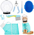 8 Pcs Cat Muzzle Set with Adjustable Cat Bathing Bag, Breathable Muzzle Pet for Shower Grooming Brush Tick Remover Tool Nail Clipper Nail File for Dog, Bunny Cleaning Trimming(M Size,Blue)