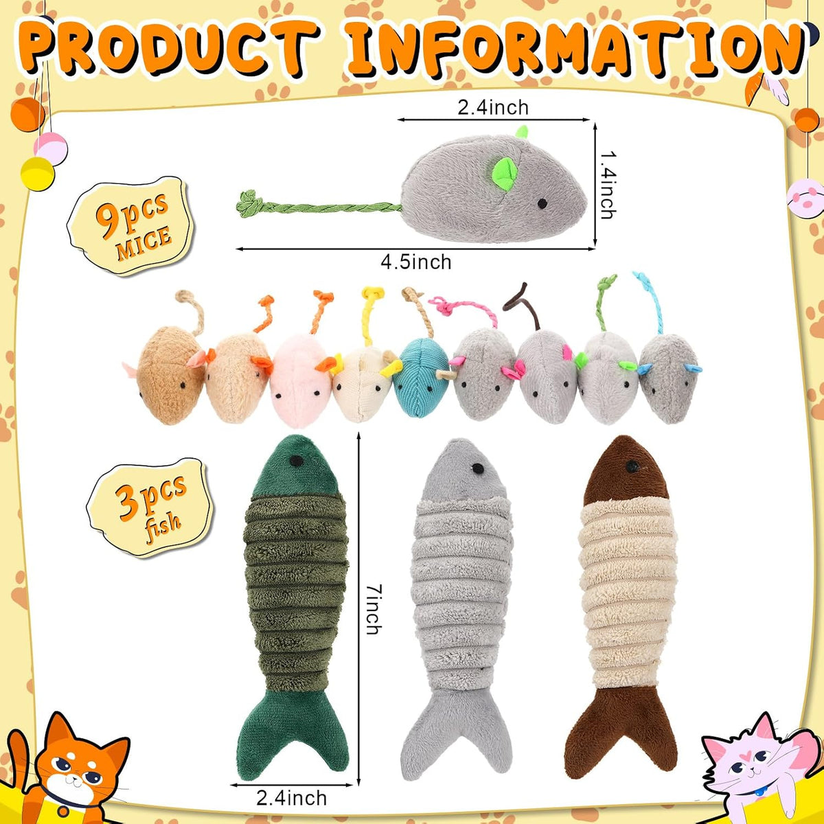 Leitee Cat Toys Bulk Plush Mice Set Fish for Indoor Kittens Puppies