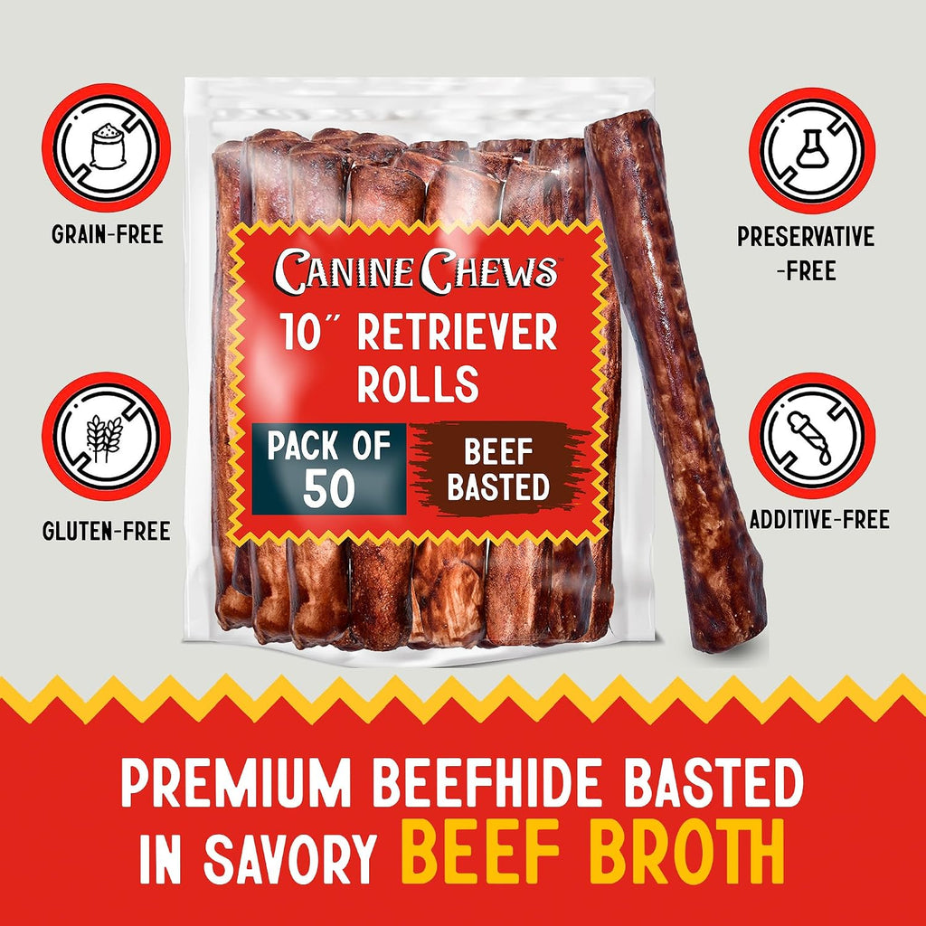 Canine Chews 10" Beef Basted Rawhide Bones for Large Dogs (50 Pack) - Hand-Rolled Dog Rawhide Chews Basted in Beef Broth - Beef Dog Rawhide Bones Promotes Dental Health - Hand-Rolled in Beef Broth