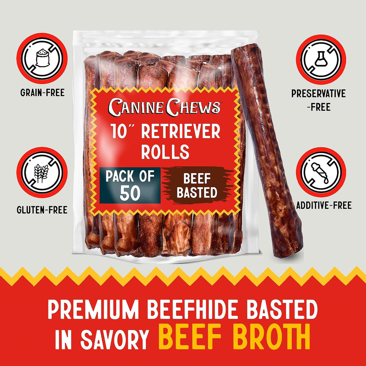 Canine Chews 10" Beef Basted Rawhide Bones for Large Dogs (50 Pack) - Hand-Rolled Dog Rawhide Chews Basted in Beef Broth - Beef Dog Rawhide Bones Promotes Dental Health - Hand-Rolled in Beef Broth