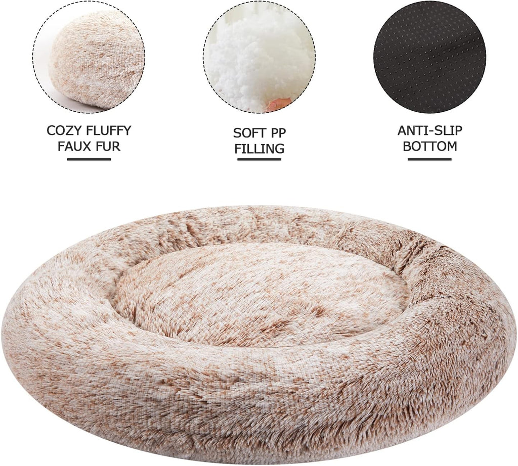 Bedfolks Calming Fluffy Donut Dog Bed for Extra Large Dogs,Brown, 45" Round