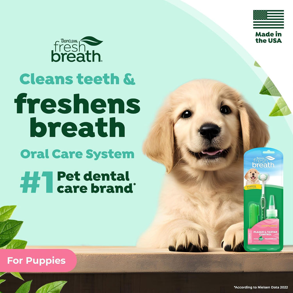 TropiClean Fresh Breath Toothbrush and Toothpaste Kit for Puppies, Teeth Cleaning Kit to Prevent Plaque & Tartar, Breath Freshener, Dog Dental Care 