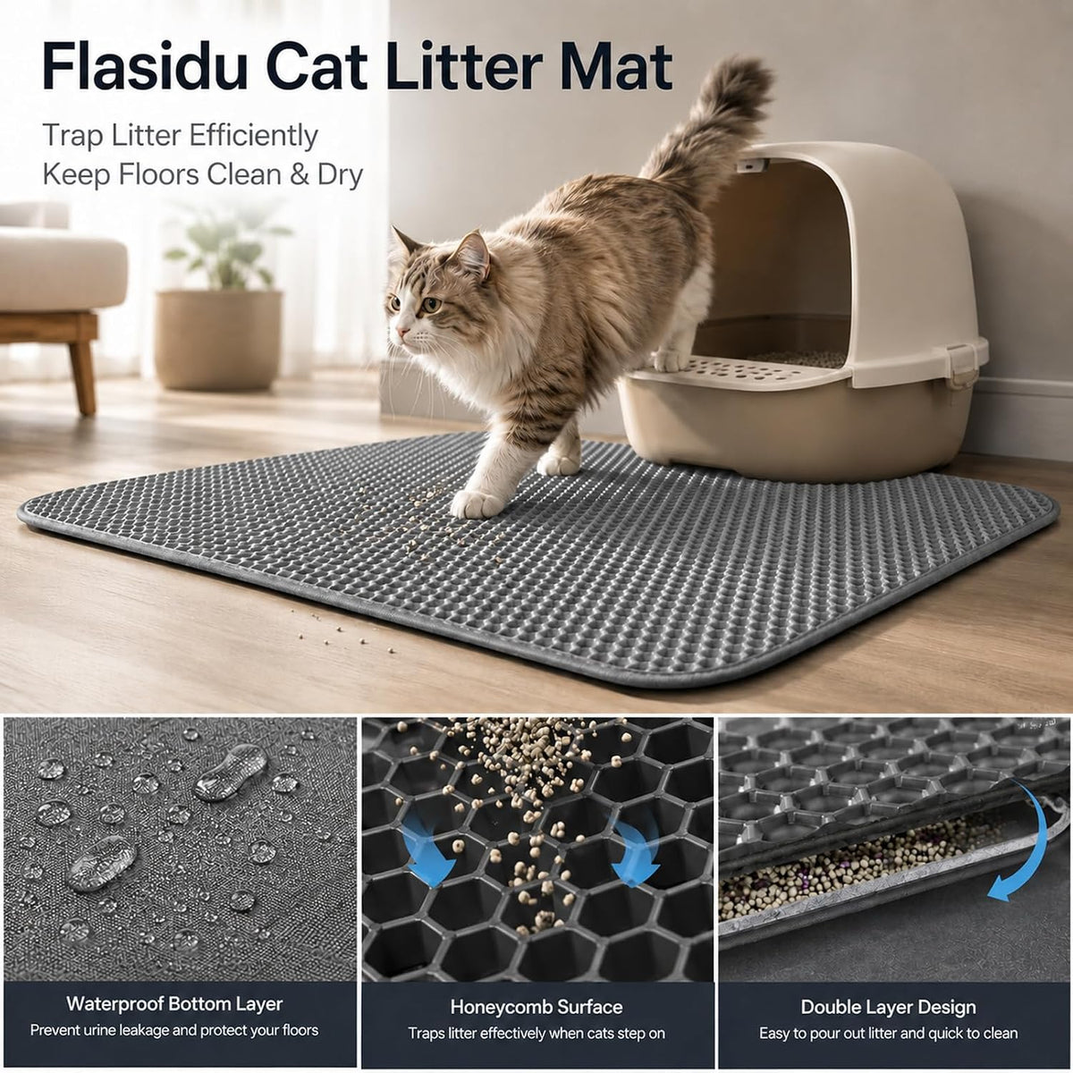Cat Litter Box Mat,Double-Layer Honeycomb Litter Trap 30"x22" Gray | Catches Scattered Particles to Stop Tracking,Waterproof Design Urineproof Base Protects Floors, Easy to Clean, Indoor Cats