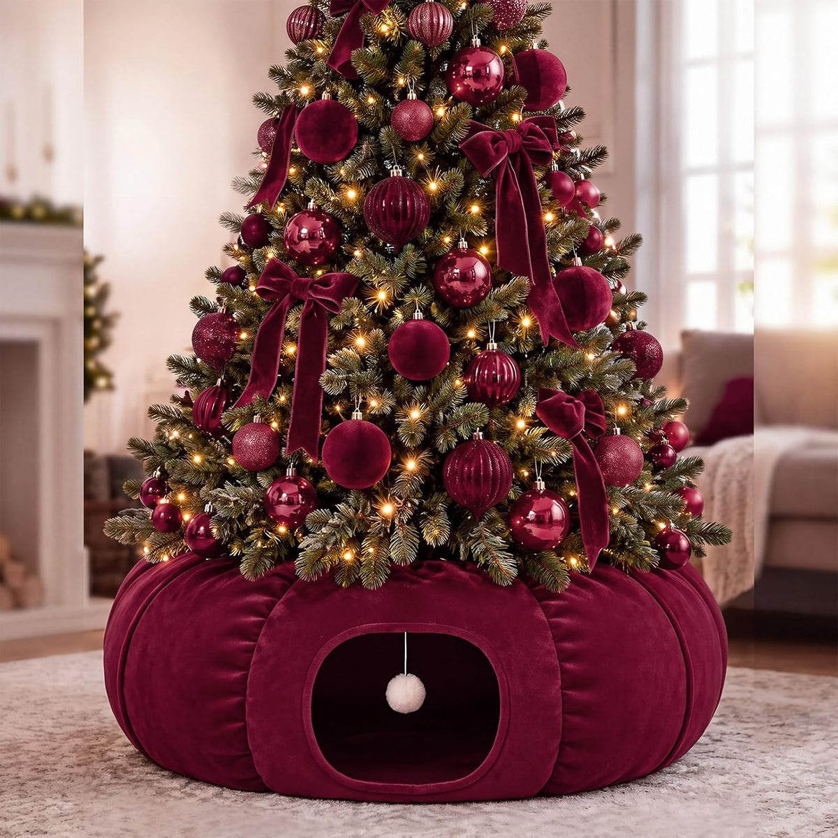 Christmas Tree Cat Tunnel 36 in Donut Bed, Burgundy, Velvet, Fluffy