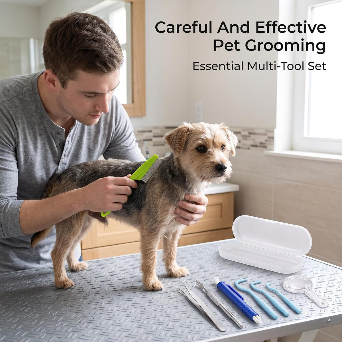 8 Pieces Green Stainless Steel Tick Removal Kit,Flea Comb, Tick Tweezers,Dog Grooming Kit,Painless Physical Parasite Removal Tools for Dogs Cats Indoor Outdoor Hiking Camping Daily Pet Care
