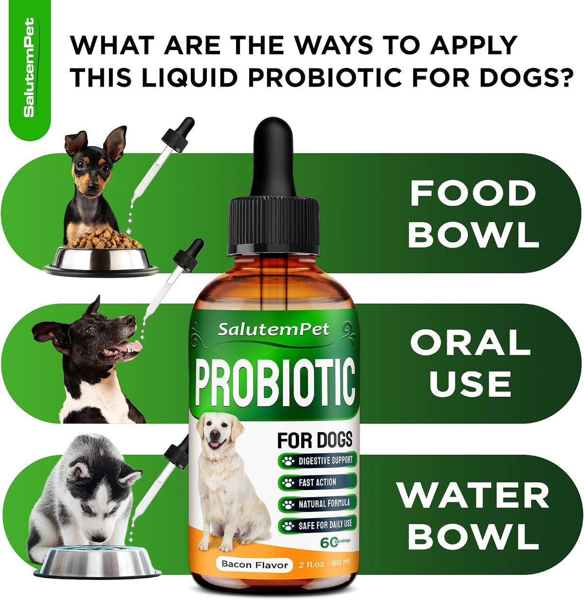 Probiotics for Dogs | Liquid Probiotics for Dogs and Puppies | Prebiotic & Digestive Enzymes | Gut Flora Support and Digestive Care | Bacon Taste | 2 Oz