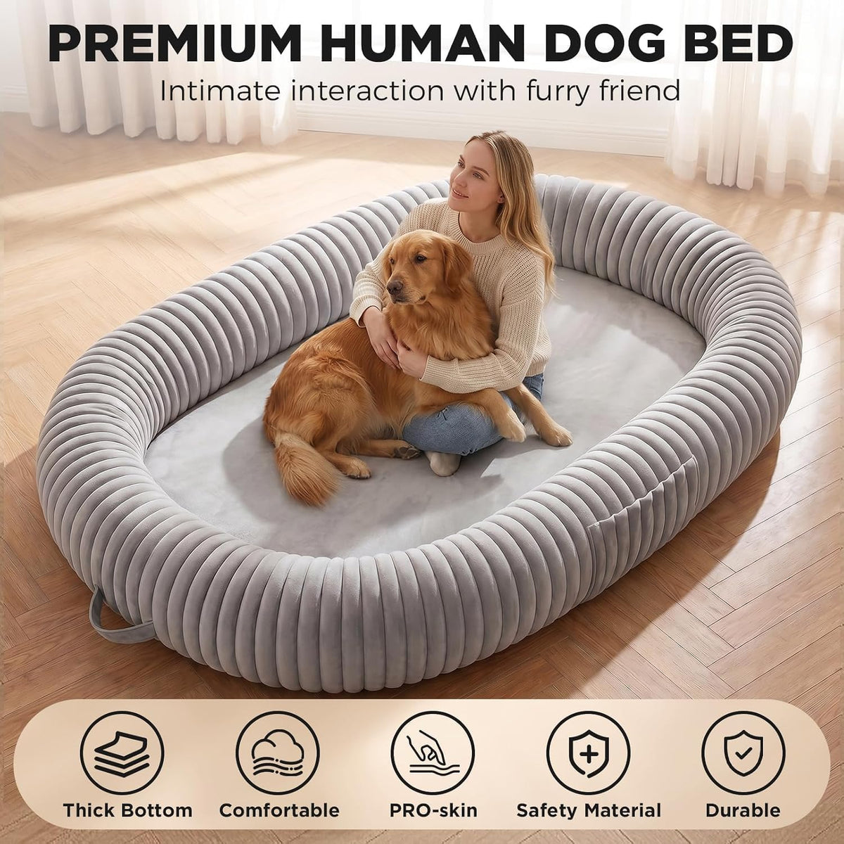 Oversized Human Dog Bed for Large Breed Dogs, 77.5x61.8x9.8 Inch Extra Large Plush Orthopedic Bed with Washable Removable Cover, Non-Slip Bottom, Soft Plush Shared Bed for Bedroom Living Room