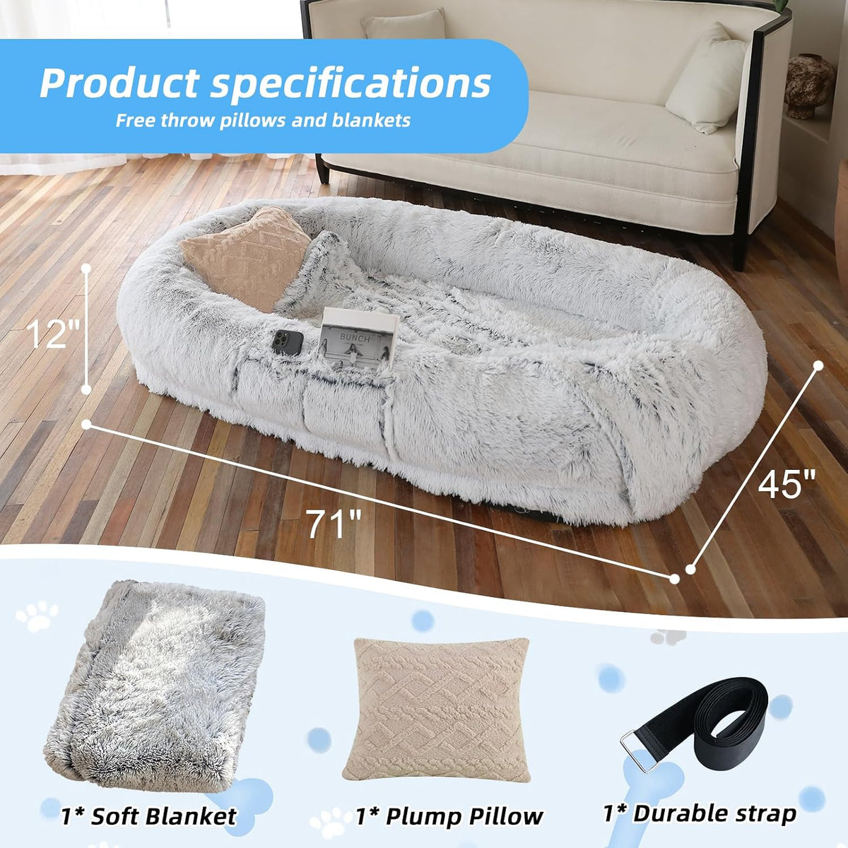 WROS Human Dog Bed for Adult, 71"x45"x12" Giant Calming Nest Beds, Grey