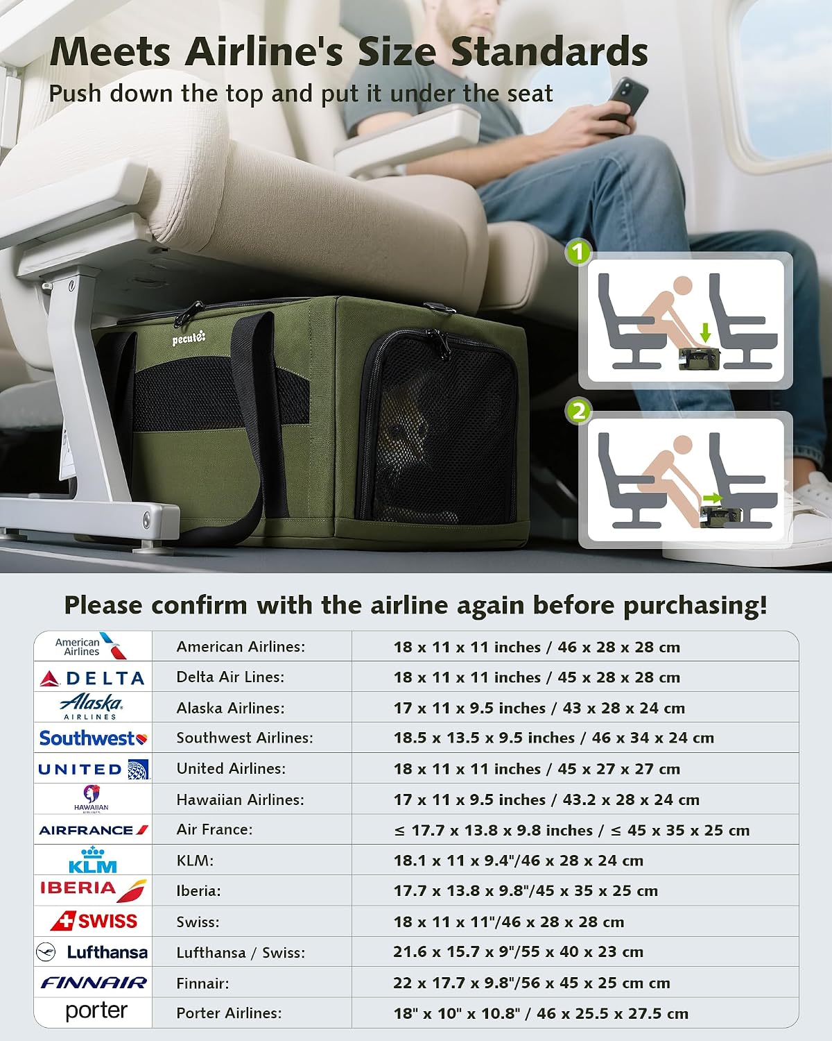 Pecute Top Expandable Airline Approved Pet Carrier for Cats, Olive Green