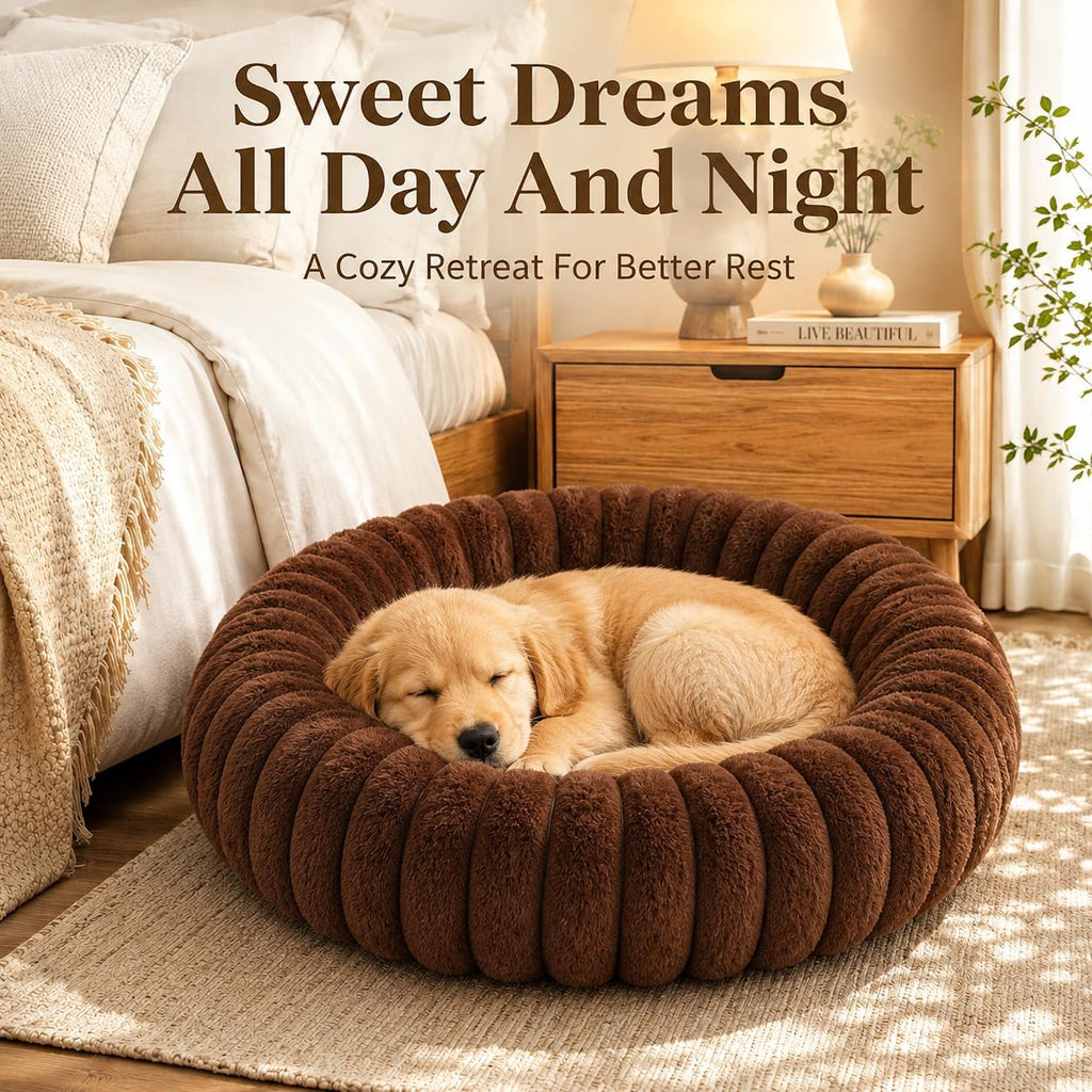 Calming Small Medium Dog Bed Donut Washable Puppy Bed, 27.5” Coffee