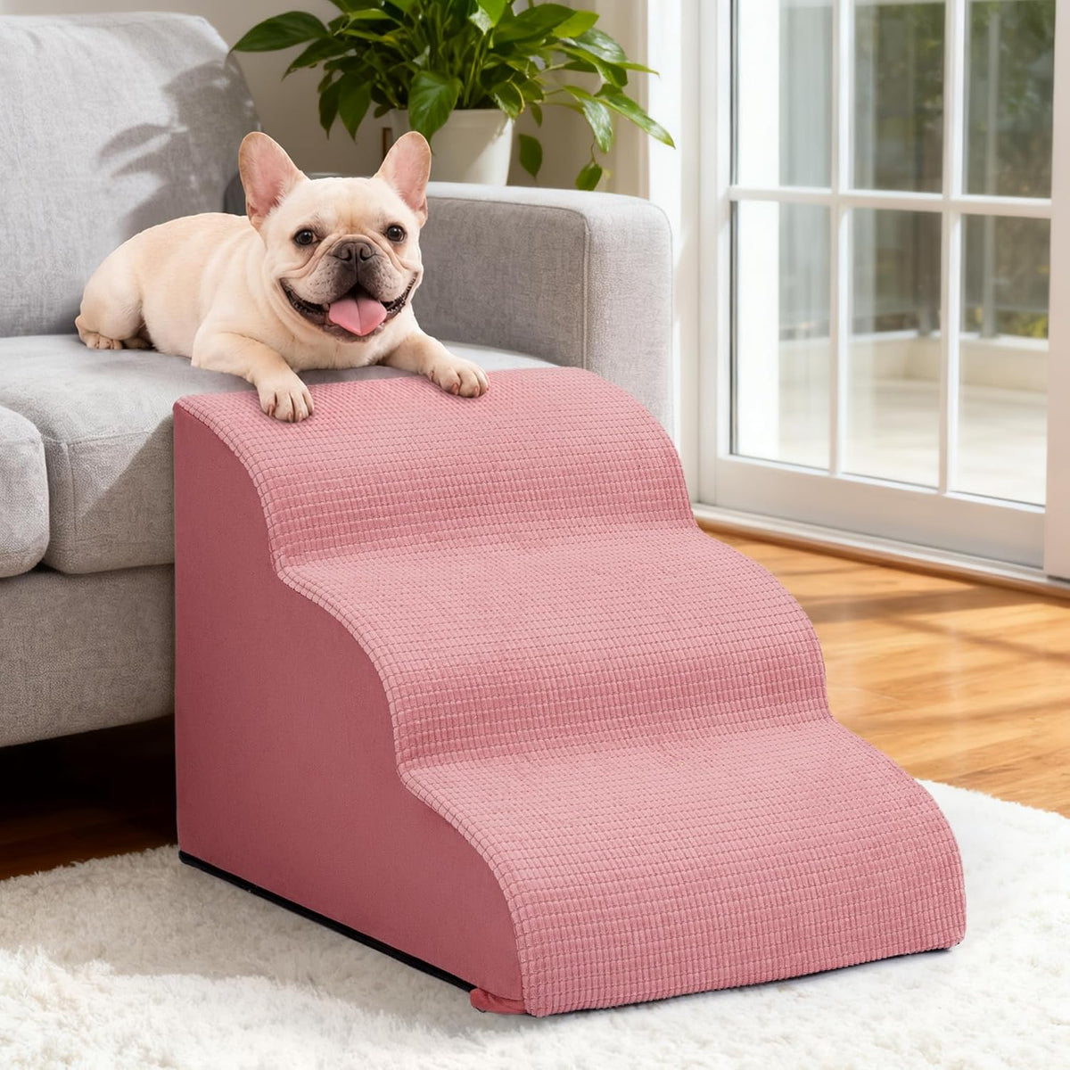 Dog Stairs for Small Dogs, 3-Step Pink Pet Ramp for Couch, Cats & Puppies