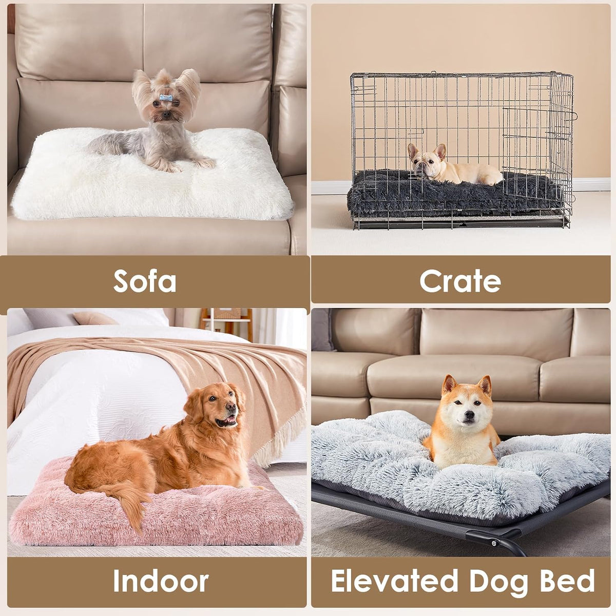 EHEYCIGA Fluffy Dog Crate Bed for Large Dogs, Plush Faux Fur Pad, Pink