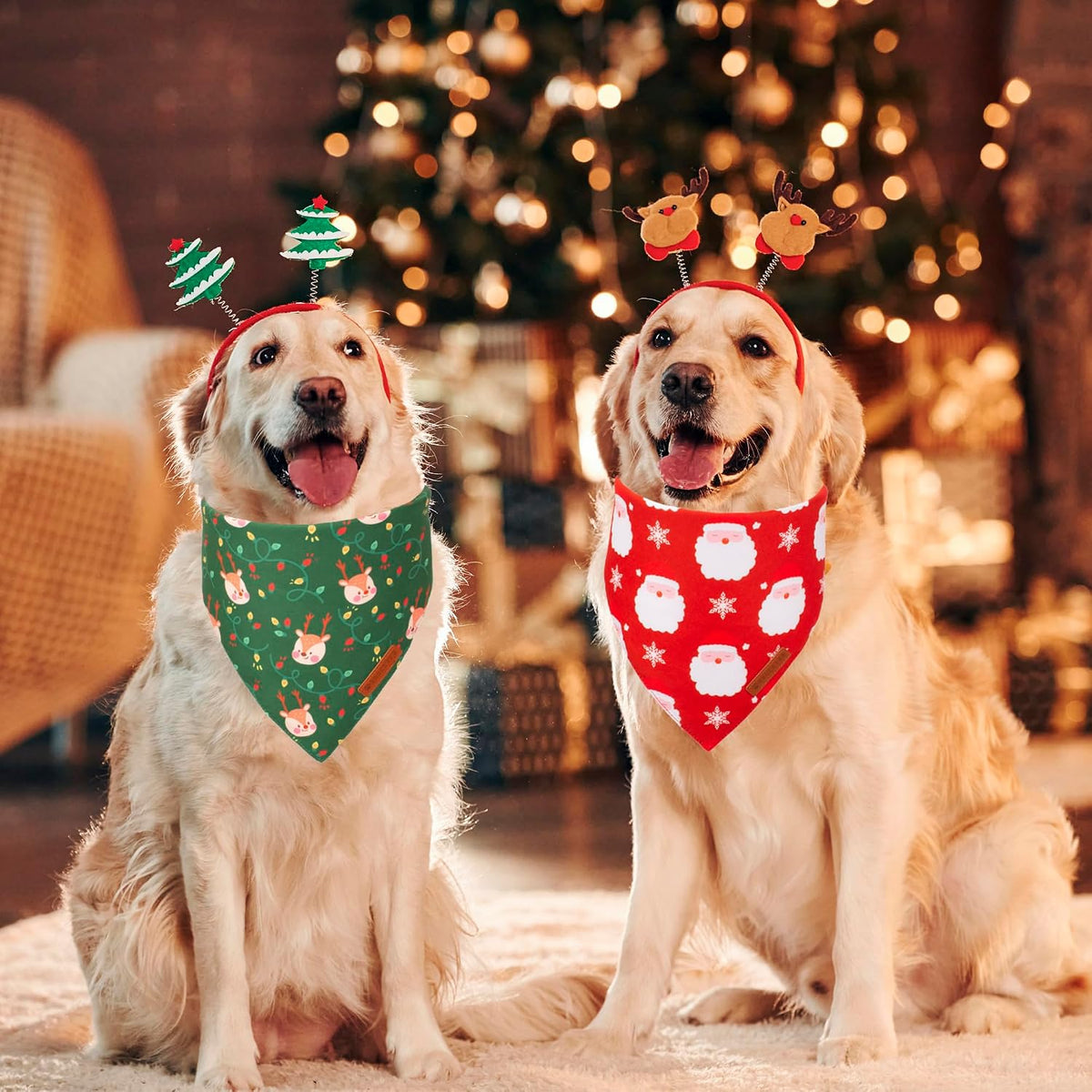 ADOGGYGO Christmas Dog Bandanas 2 Pack, Santa Deer Pattern Pet Xmas Scarf Bib, Premium Durable Fabric, Pet Christmas Bandanas for Large and Extra Large Dogs (X-Large)