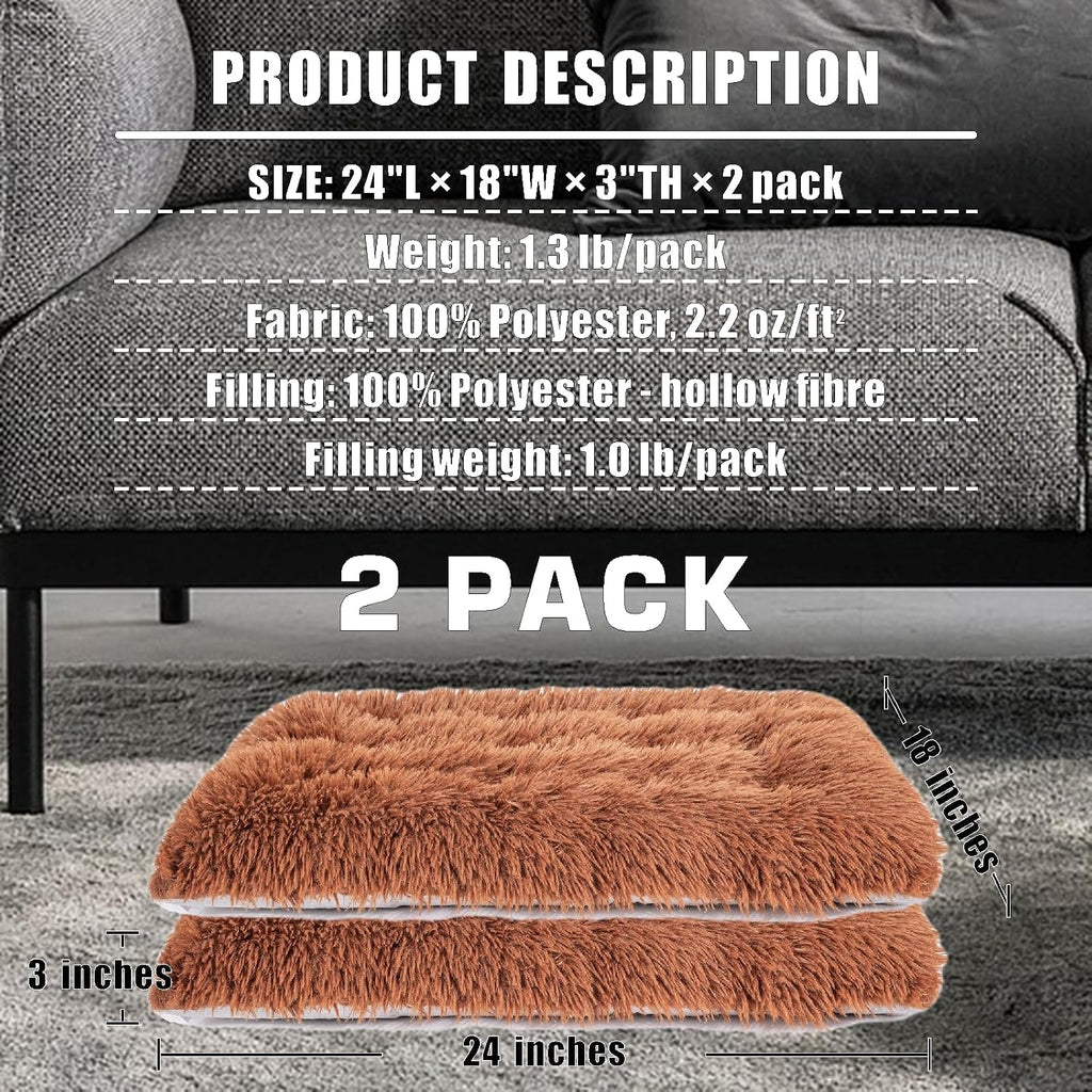 Machine Washable Dog Bed, Deluxe Plush Dog Crate Pad and Cat Bed, Anti-Slip Bottom Kennel Pad Mat, Fuzzy Pet Beds for Large, Medium, Small Dogs Breeds (Brown, 24.0" L x 18.0" W x 3.0" Th x 2 Pack)